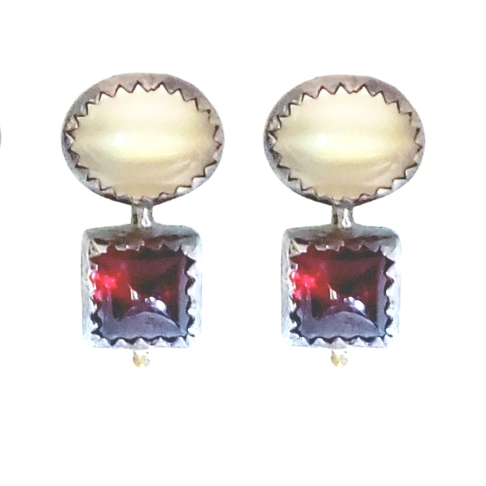 925 Sterling Silver Oval Pearl Square Garnet Style Drop Earrings